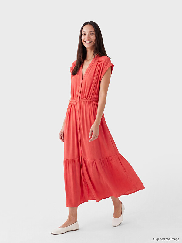 LCWAIKIKI Classic Robe en tissu froissé à encolure en V et coupe évasée