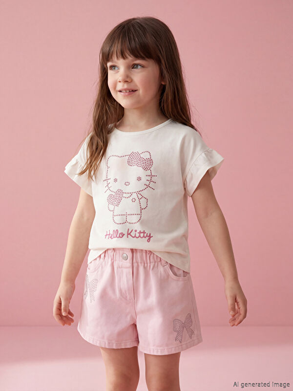 LCW Kids Hello Kitty Baskılı Kız Çocuk Taşlı Tişört