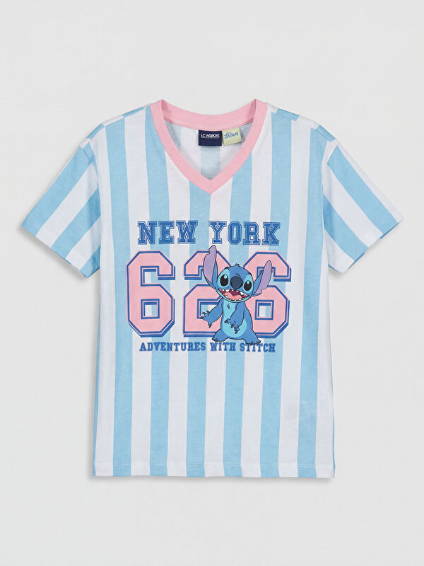 LCW Kids V Yaka Stitch Baskılı Kız Çocuk Tişört