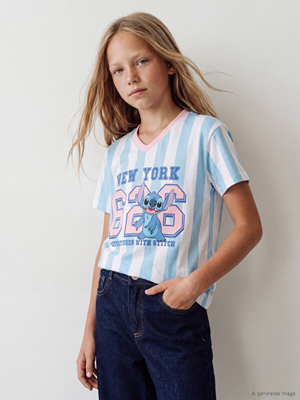 LCW Kids V Neck Stitch Printed Girls' T-Shirt