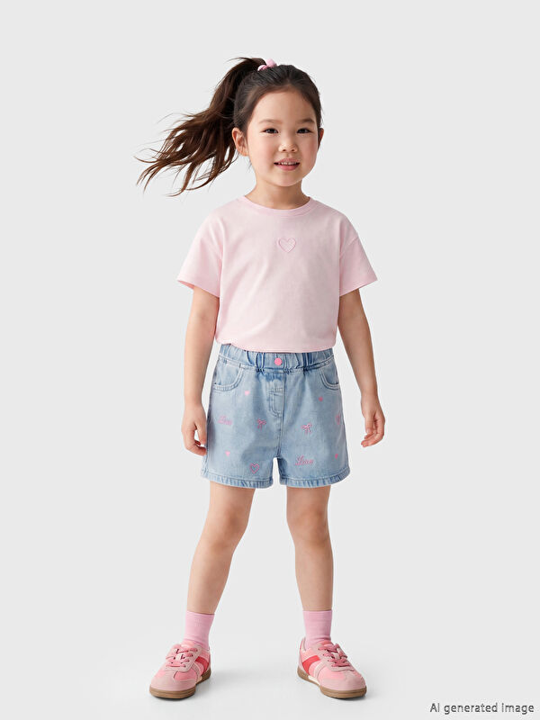 LCW Kids Beli Lastikli Nakışlı Kız Çocuk Jean Şort