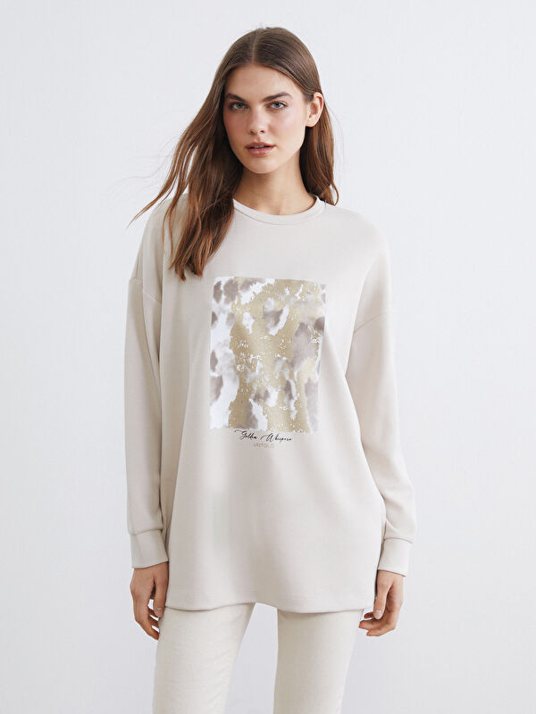 LCWAIKIKI Classic Baskılı Soft Touch Oversize Kadın Sweatshirt Tunik