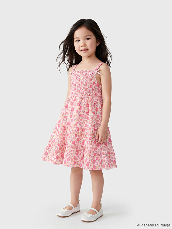 LCW Kids Kare Yaka Baskılı Kız Çocuk Krinkle Elbise