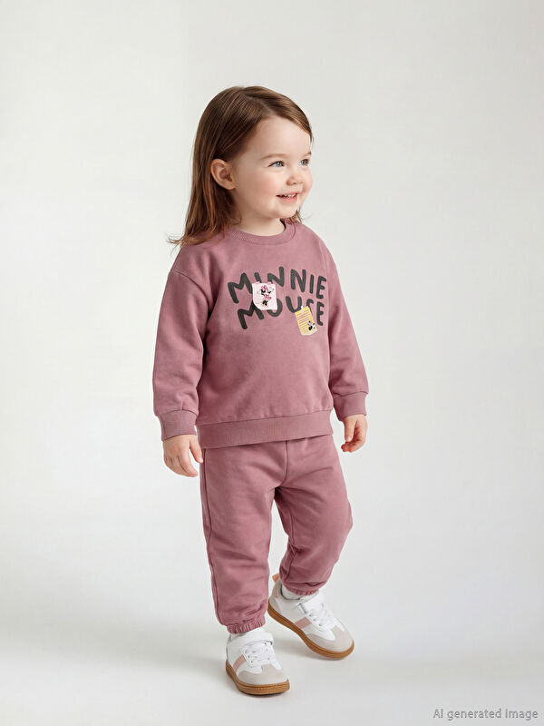 LCW baby Minnie Mouse Baskılı Kız Bebek Sweatshirt ve Eşofman Altı