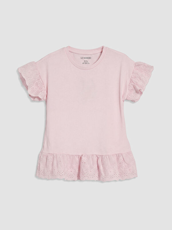 LCW Kids Bisiklet Yaka Nakışlı Kız Çocuk Fırfırlı Tişört
