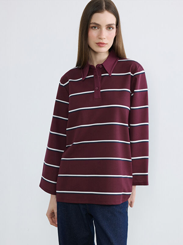 LCW Modest Polo Yaka Çizgili Oversize Kadın Tunik