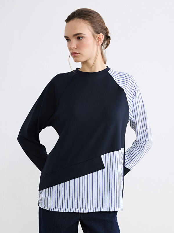 Natuvera Bisiklet Yaka Çizgili Kadın Sweatshirt Tunik