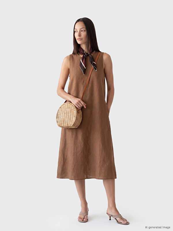 LCW EVERYDAY Crew Neck %100 Linen Dress
