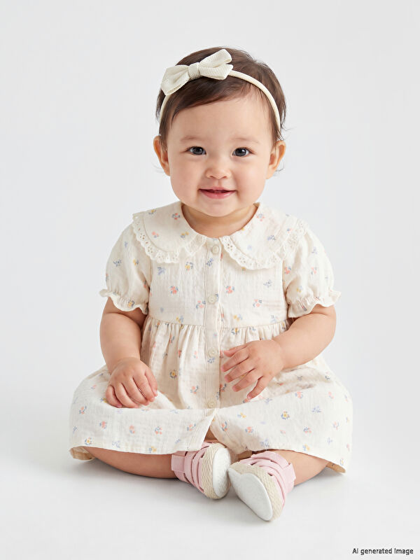 LCW baby Bebe Yaka Çiçek Desenli Kız Bebek Elbise