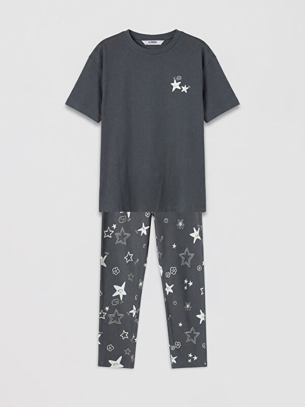 LCW Kids Bisiklet Yaka Desenli Kız Çocuk Pijama Takım