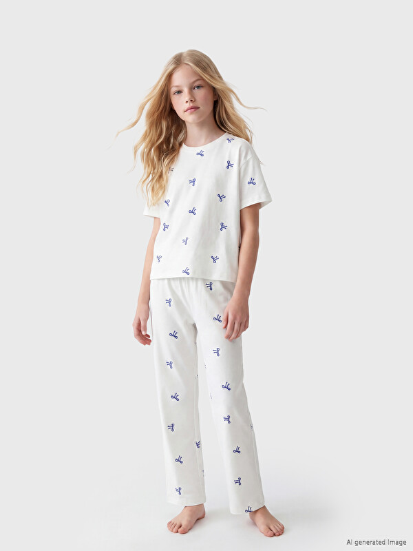 LCW Kids Fiyonk Baskılı Kız Çocuk Pijama Takımı