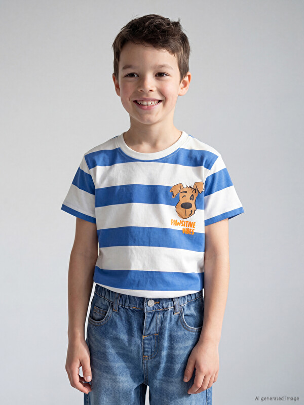LCW Kids Bisiklet Yaka Çizgili Erkek Çocuk Tişört