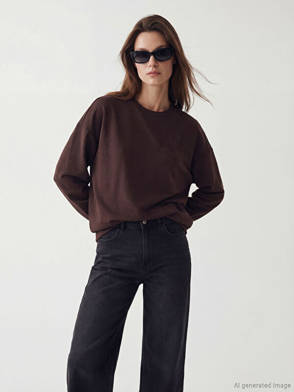 LCW Modest Bisiklet Yaka Nakışlı Kadın Sweatshirt Tunik