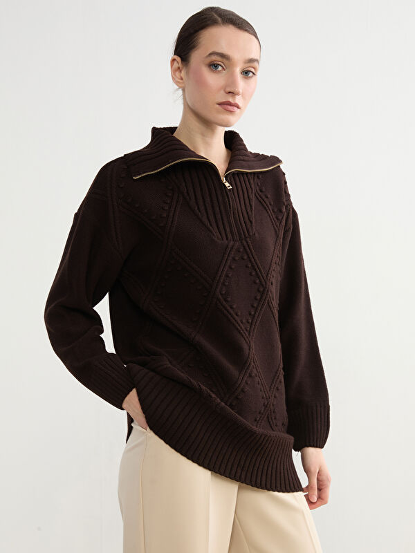 LCW Modest Polo Yaka Baklava Desenli Kadın Triko Tunik	