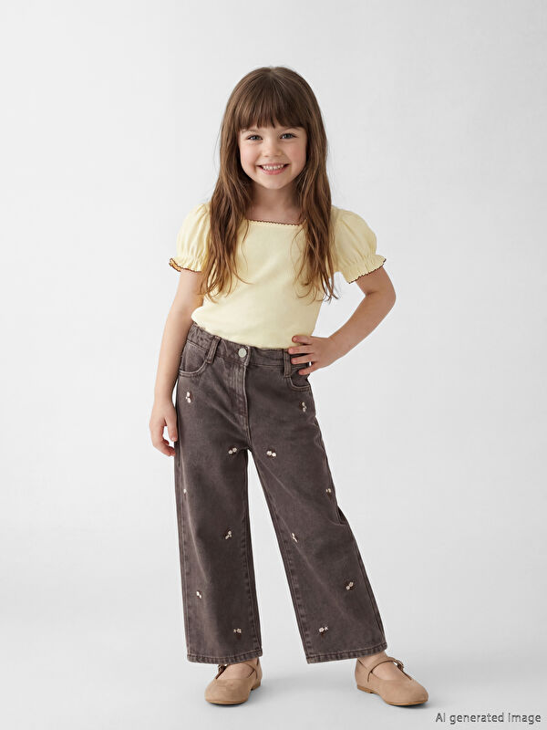 LCW Kids Wideleg Çiçek Nakışlı Kız Çocuk Jean Pantolon