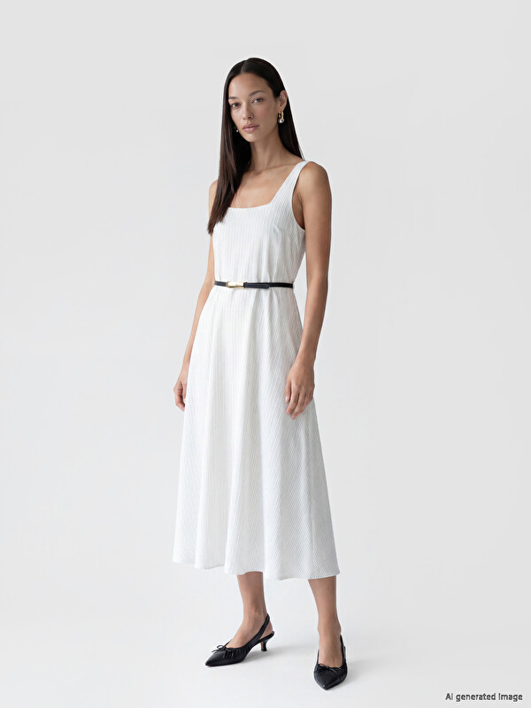 LCWAIKIKI Classic Square Neck Belted Waist Striped Dress