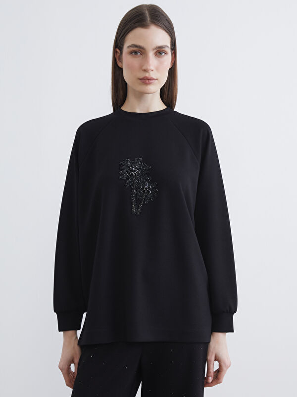 LCW Modest Bisiklet Yaka Boncuk İşlemeli Kadın Sweatshirt Tunik