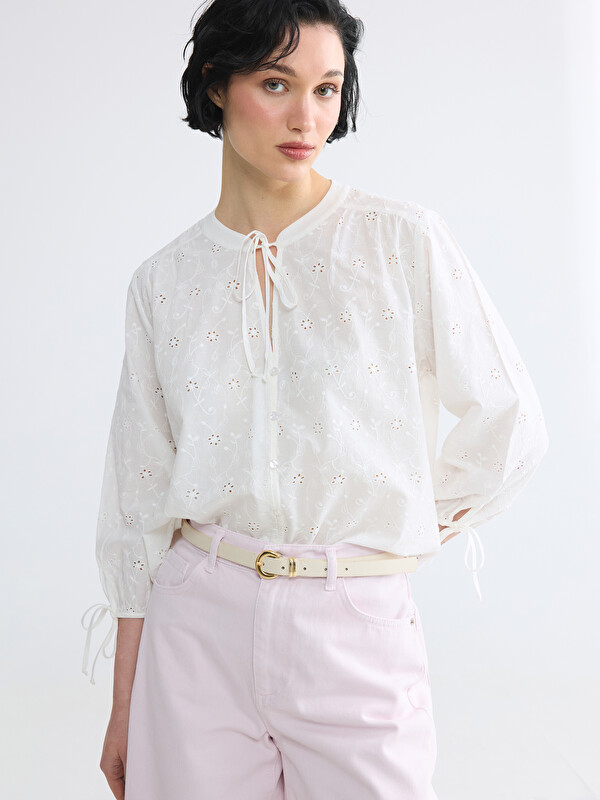 LCW Vision Tie Neck Broderie Blouse
