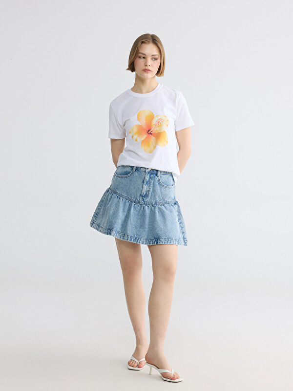 XSIDE High Waisted Frilled Mini Denim Skirt