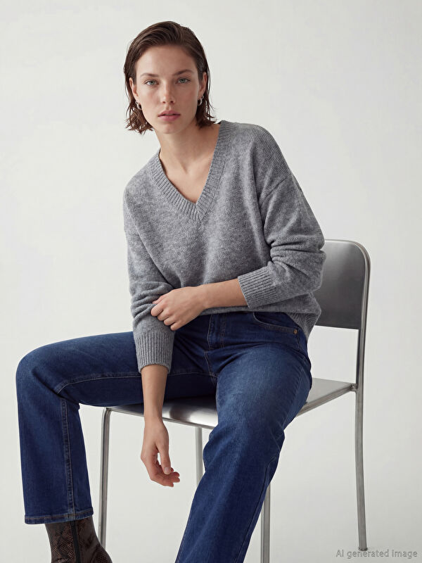 LCW Vision V Yaka Oversize Kadın Triko Kazak	