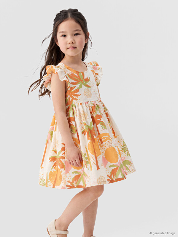 LCW Kids Crew Neck Printed Girls' Poplin Dress