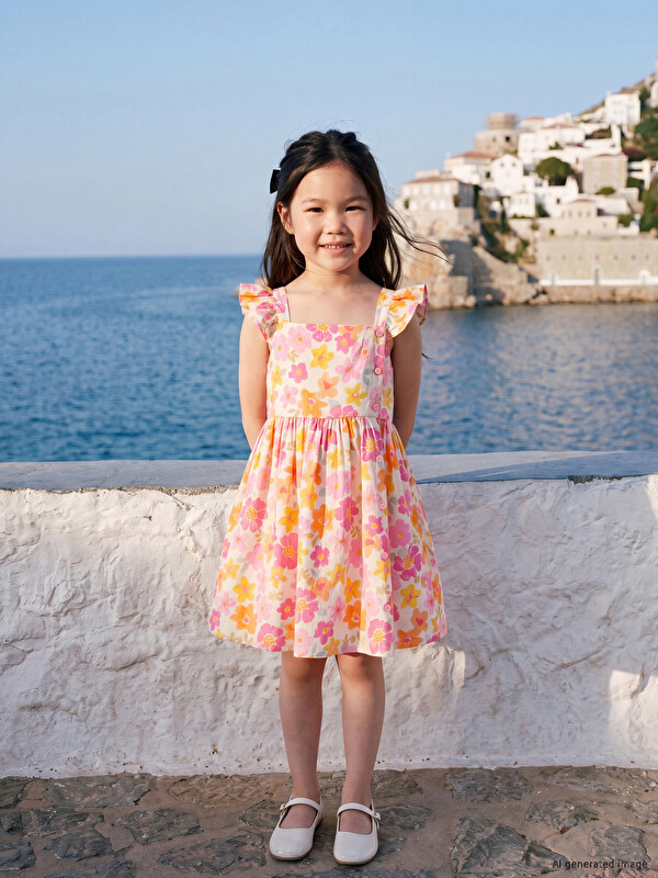 LCW Kids Square Neck Floral Girls' Poplin Dress