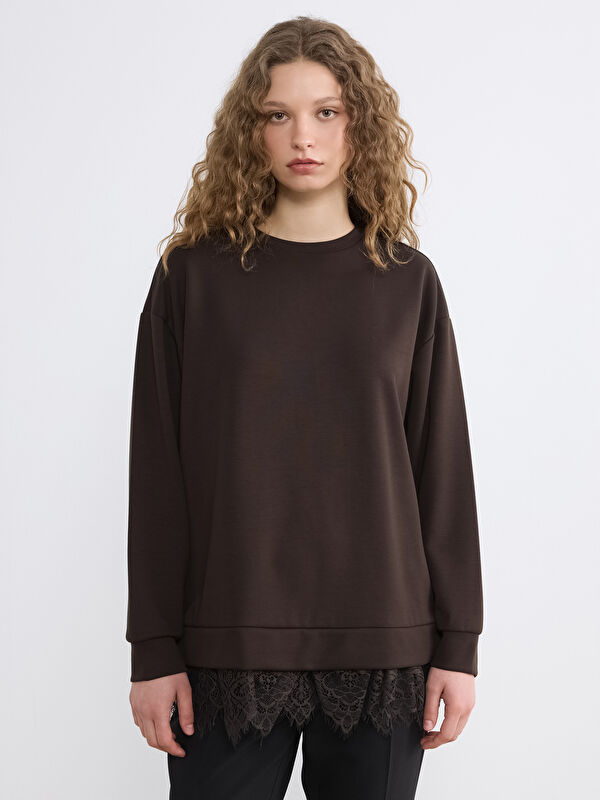 LCW Modest Bisiklet Yaka Dantel Detaylı Kadın Sweatshirt Tunik