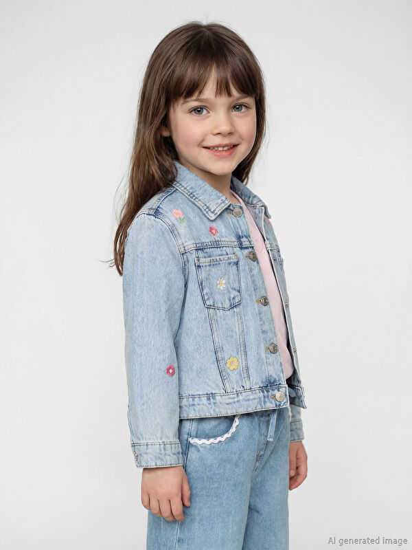 LCW Kids Gömlek Yaka Çiçekli Kız Çocuk Jean Ceket