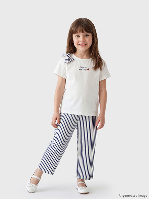 LCW Kids Kız Çocuk Baskılı Tişört ve Çizgili Pantolon