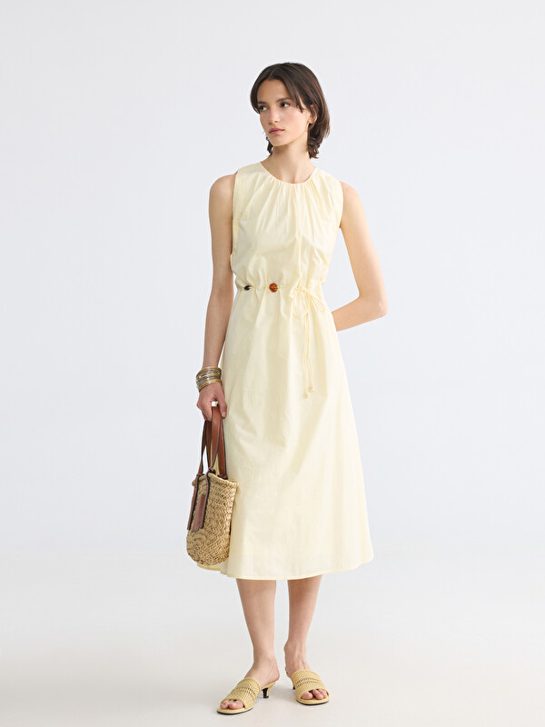 LCW STUDIO Drawstring Waist A-Line Poplin Dress
