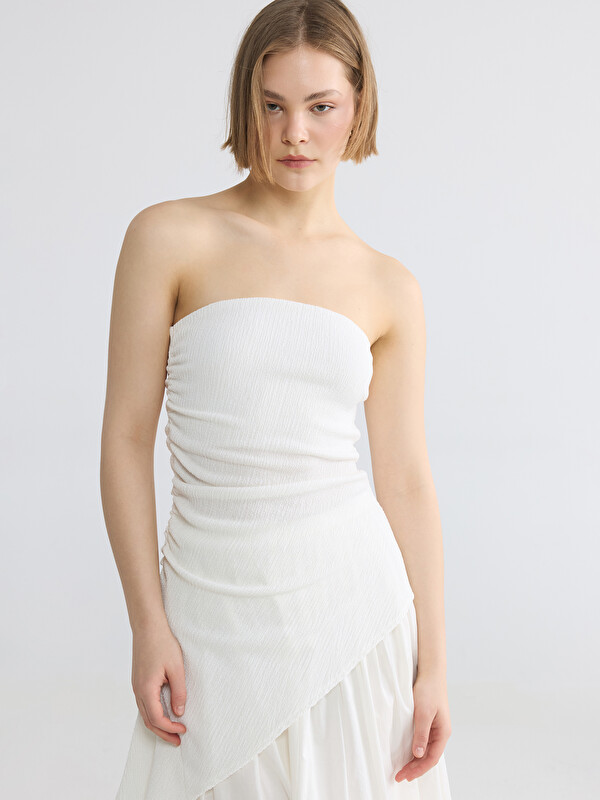 XSIDE Strapless Collar Ruched Asymmetric Cut Blouse