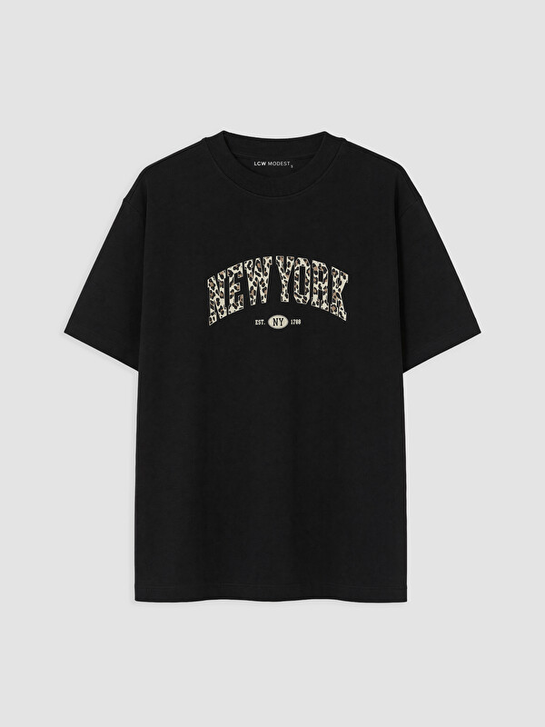 LCW Modest Bisiklet Yaka New York Baskılı Kadın Tişört