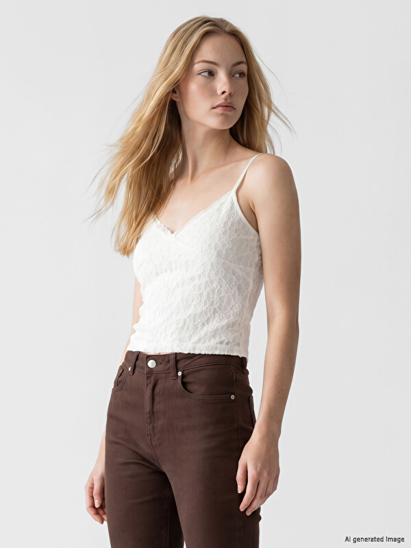 XSIDE V Yaka Dantelli İp Askılı Crop Bluz