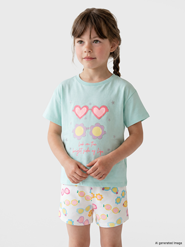 LCW Kids Bisiklet Yaka Baskılı Kız Çocuk 2'li Tişört