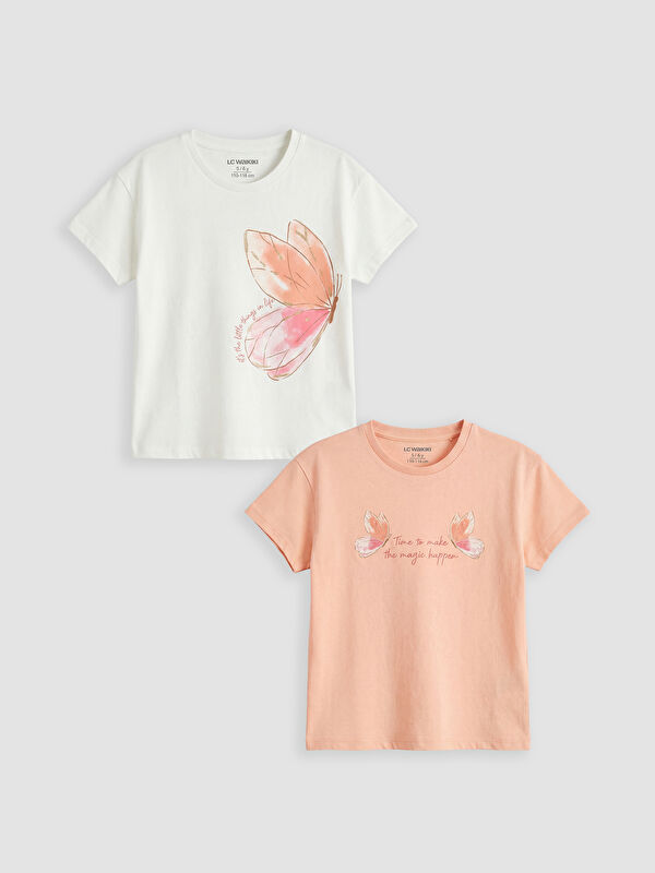 LCW Kids Bisiklet Yaka Baskılı Kız Çocuk Tişört 2'li