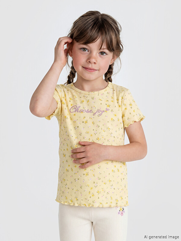 LCW Kids Bisiklet Yaka Çiçekli Kız Çocuk Tişört