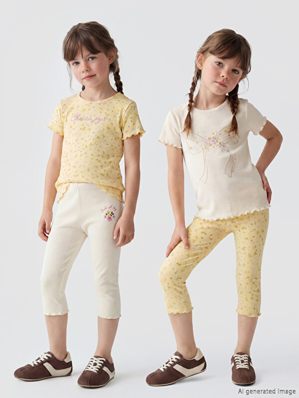 LCW Kids Çiçekli Kız Çocuk 3/4 Boy Tayt 2'li