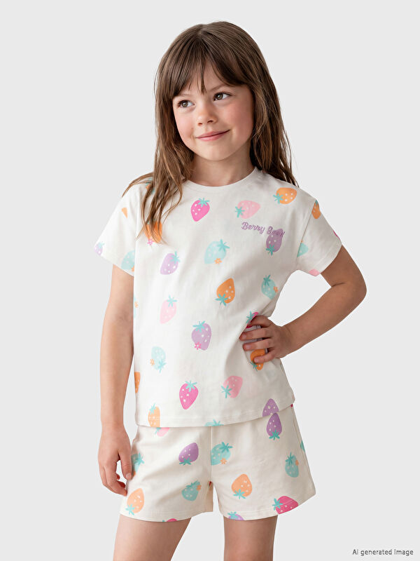 LCW Kids Bisiklet Yaka Çilek Baskılı Kız Çocuk Tişört