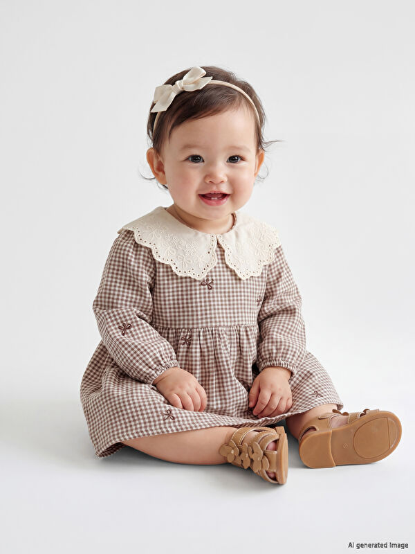 LCW baby Bebe Yaka Nakışlı Kız Bebek Müslin Elbise