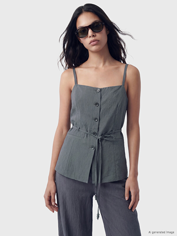 LCW Vision Col Carré Ceinturée à la Taille À Fines Bretelles Blouse