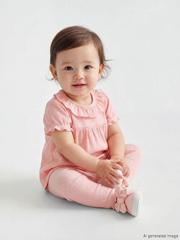 LCW baby Bebe Yaka Desenli Kız Bebek Tişört