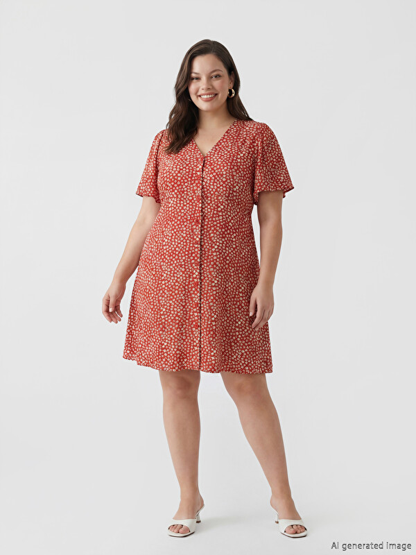 LCW EVERYDAY V Neck Floral A Form Mini Dress