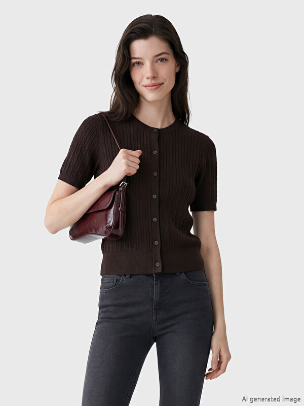 LCW Comfort Bisiklet Yaka Saç Örgüsü Desenli Kadın Triko Hırka