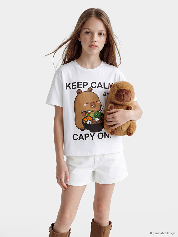 LCW Kids Bisiklet Yaka Capyfun Baskılı Kız Çocuk Tişört