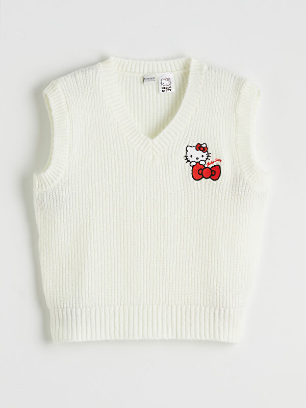 LCW Kids V Yaka Hello Kitty Nakışlı Kız Çocuk Triko Süveter