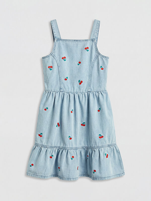 LCW Kids Kare Yaka Nakışlı Kız Çocuk Jean Elbise