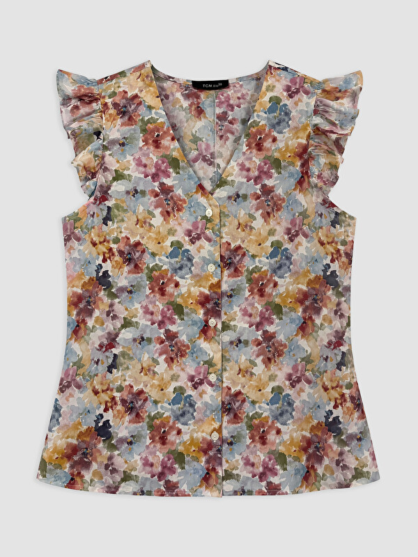 LCW STUDIO V Neck Floral Frilled Blouse