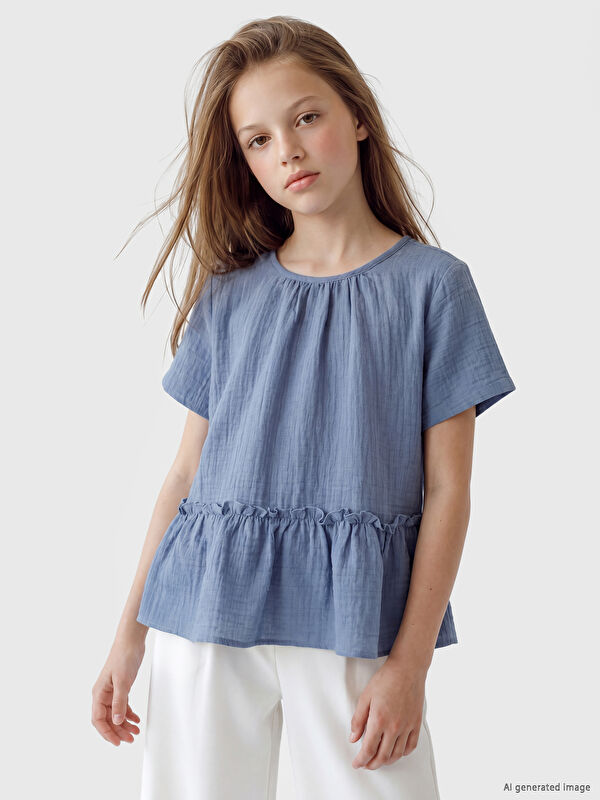 LCW Kids Bisiklet Yaka Fırfırlı Kız Çocuk Müslin Bluz