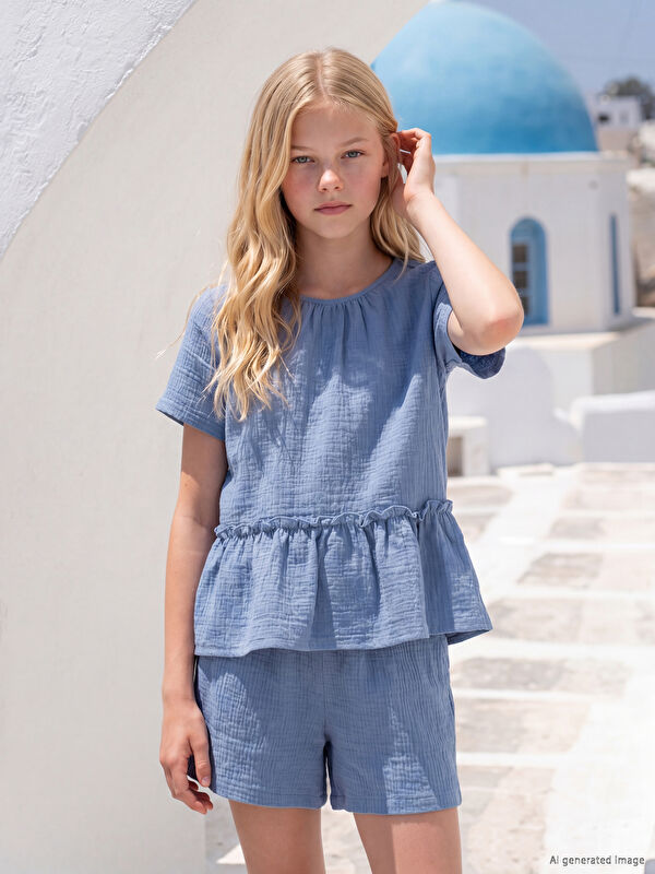 LCW Kids Bisiklet Yaka Fırfırlı Kız Çocuk Müslin Bluz
