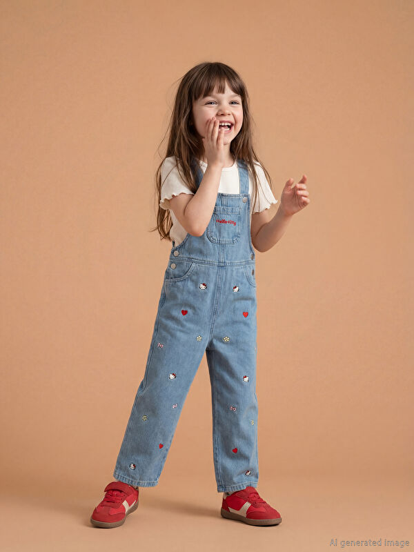 LCW Kids Hello Kitty Nakışlı Kız Çocuk Jean Salopet
